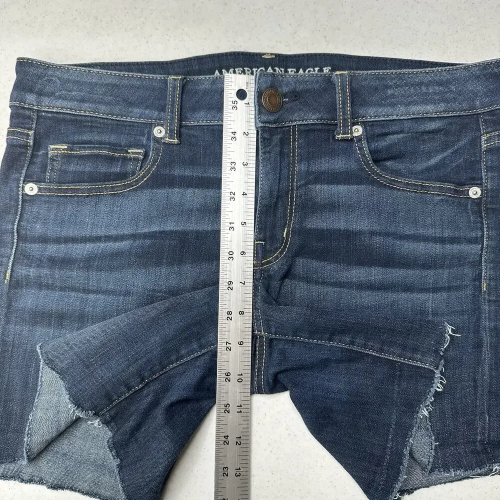 American Eagle Shorts Womens 12 Midi Blue Jean Denim Super Stretch Cut Off Fray